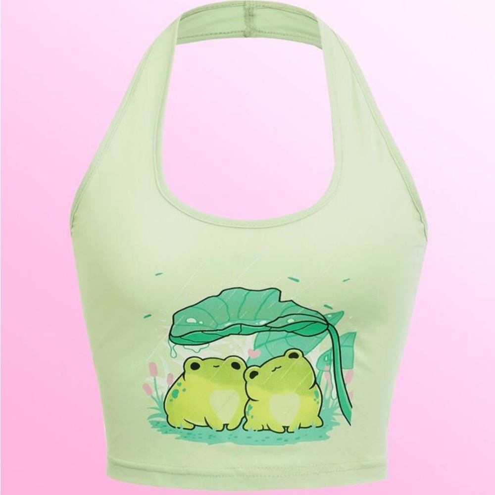 Green Cropped Halter Top with Cartoon Frog Design NWT